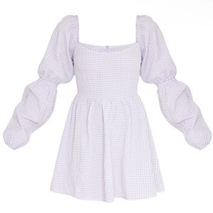 Lilac Textured Gingham Balloon Sleeve Shift Dress